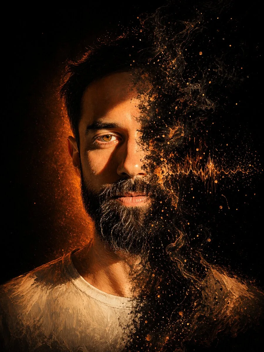 ONIZAL portrait artwork, Antonin’s face dissolving into golden texture